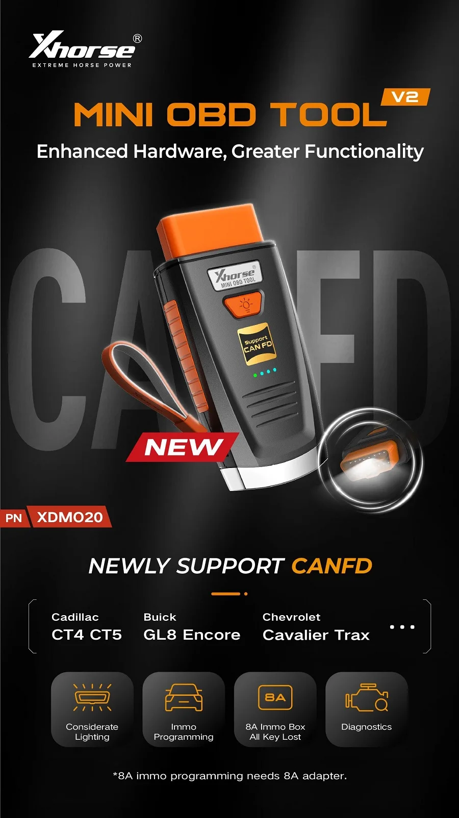 Xhorse MINI OBD TOOL V2 XDMO20 Newly Supports CANFD Protocol / LED light / 8A IMMO Box All Key Lost