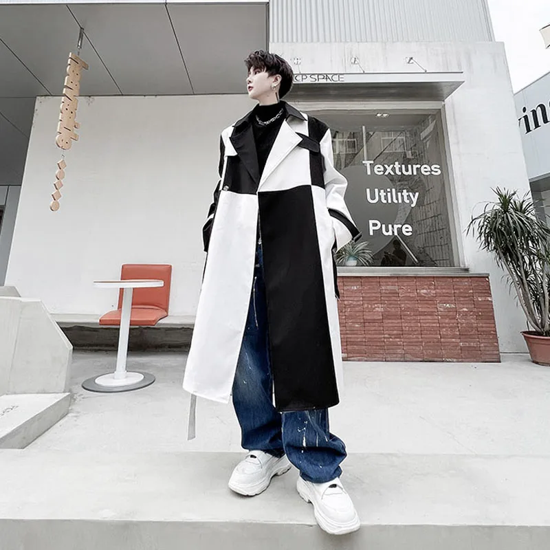 Men\'s Net Celebrity Streetwear Fashion Black White Splice Loose Casual Long Jacket Windbreaker Trench Coat Male Stage Clothing