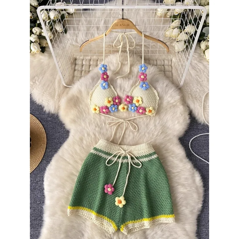 2-piece Suit Seaside Holiday Desire Summer Sling Bikini Knitted Crochet Flower Halter Camisole Tops High Waist Wide Leg Shorts