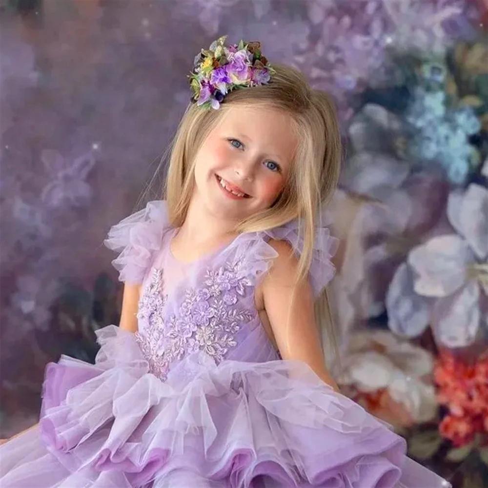 Princess Ball Pageant First Communion Elegant Purple Tulle Lace Layered Flower Girl Dress Kids Surprise Birthday Present