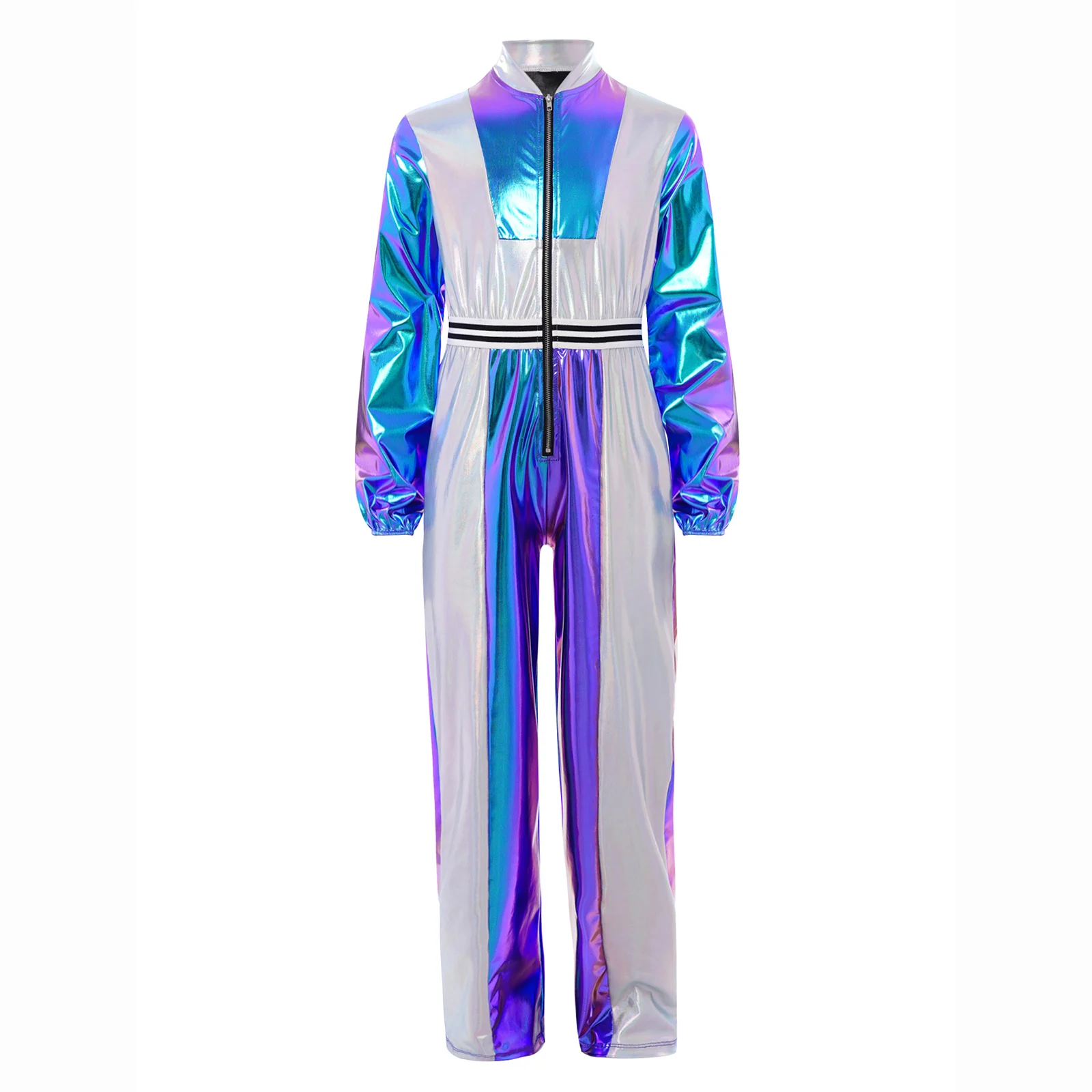 

Girls Jazz Dance Jumpsuit Color Block Patchwork Zipper Bodysuit Metallic Unitard Disco Hip-Hop Dance Stage Performance Costume