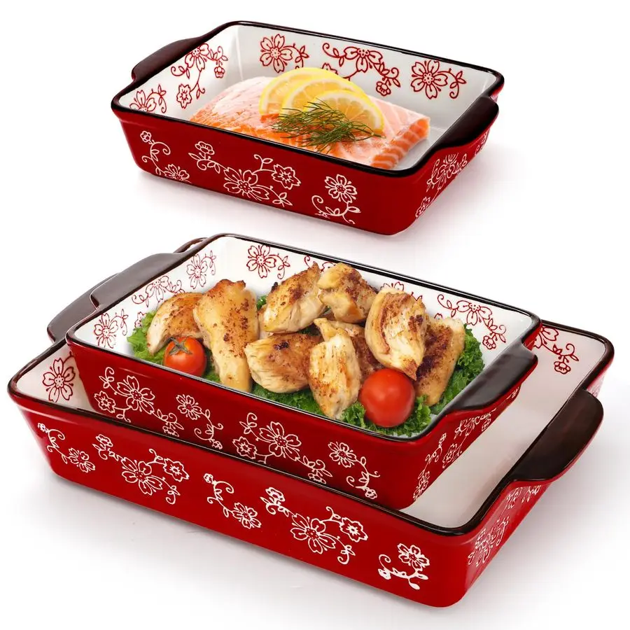 

Набор из 3-х красных керамических форм для выпечки, прямоугольные формы для запекания с ручками, глубокие формы для лазаньи, для использования в духовке.