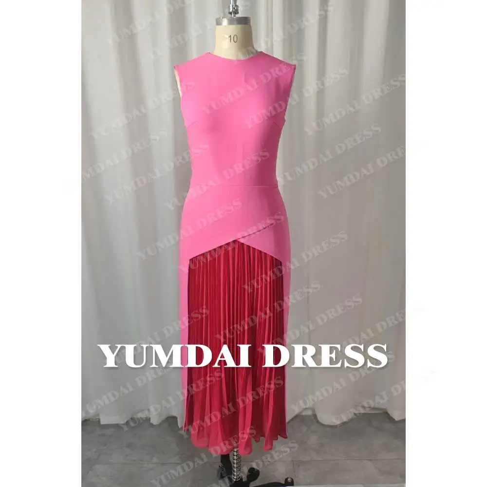 YUMDAI-Vestido sem mangas na altura do joelho, Saia plissada, Vestido de noite, Arábia Saudita, Vestido de blusa, Rosa, Ocasião especial, Novo, 2024