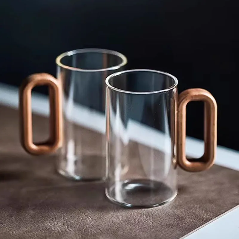 120/200/300/360ml Glass Cups With Walnut Handle Coffee Mug Set Heat-resistant Teacup Household Office Drinking Glasse 2pcs