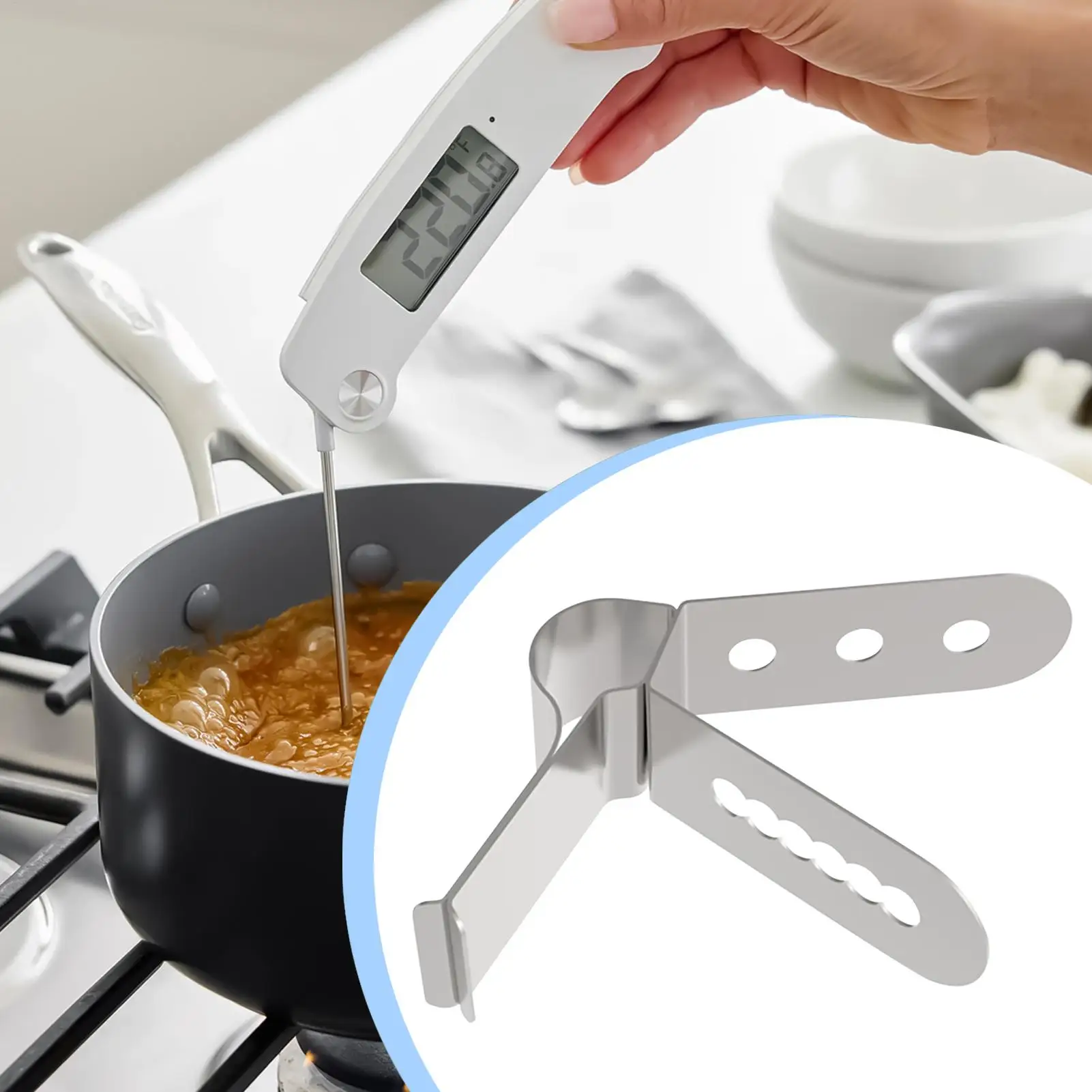 Thermometer Probe Pot Clip Holder Stainless Steel 3-Hole Ambient Temperature Readings for BBQ Smoker Oven Meat Grill