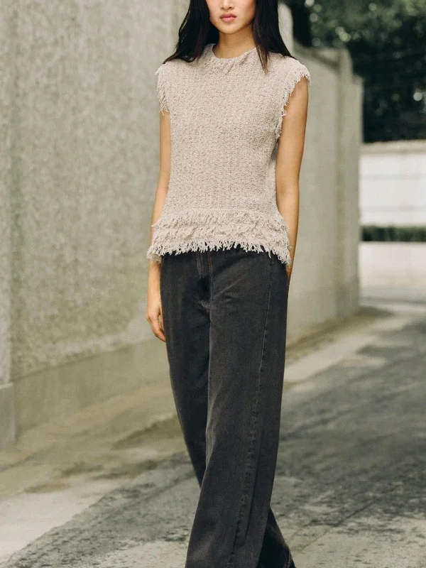 

French Sle round Ne Knitted Top Women's Svel Tassel Decorated Texture Loose Fit Polyester Fiber Inner Wear