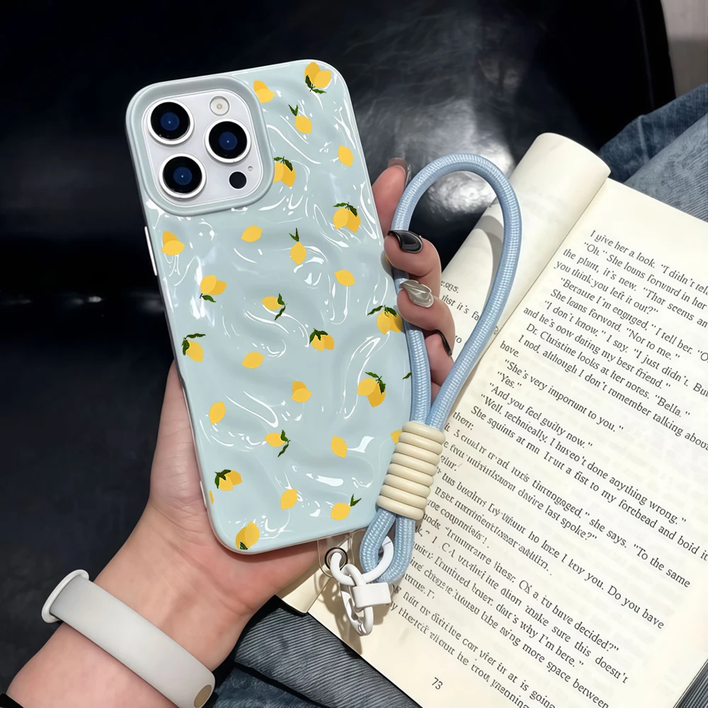 Minimalistische Zitronen-Falten-Silikon-Handyhülle für iPhone 17 15 13 11 12 14 16 17 Pro Max 14 15 16 Plus 17Air mit Lanyard-Abdeckung – Detail 1