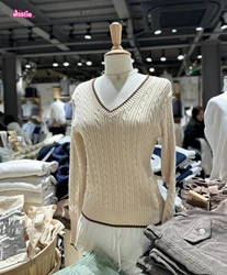 American Retro Autumn New Khaki Sweater V-neck Slim Twisted Knitted Top Woman Solid Color Chic Fashion Streetwar  Y2K Pullovers