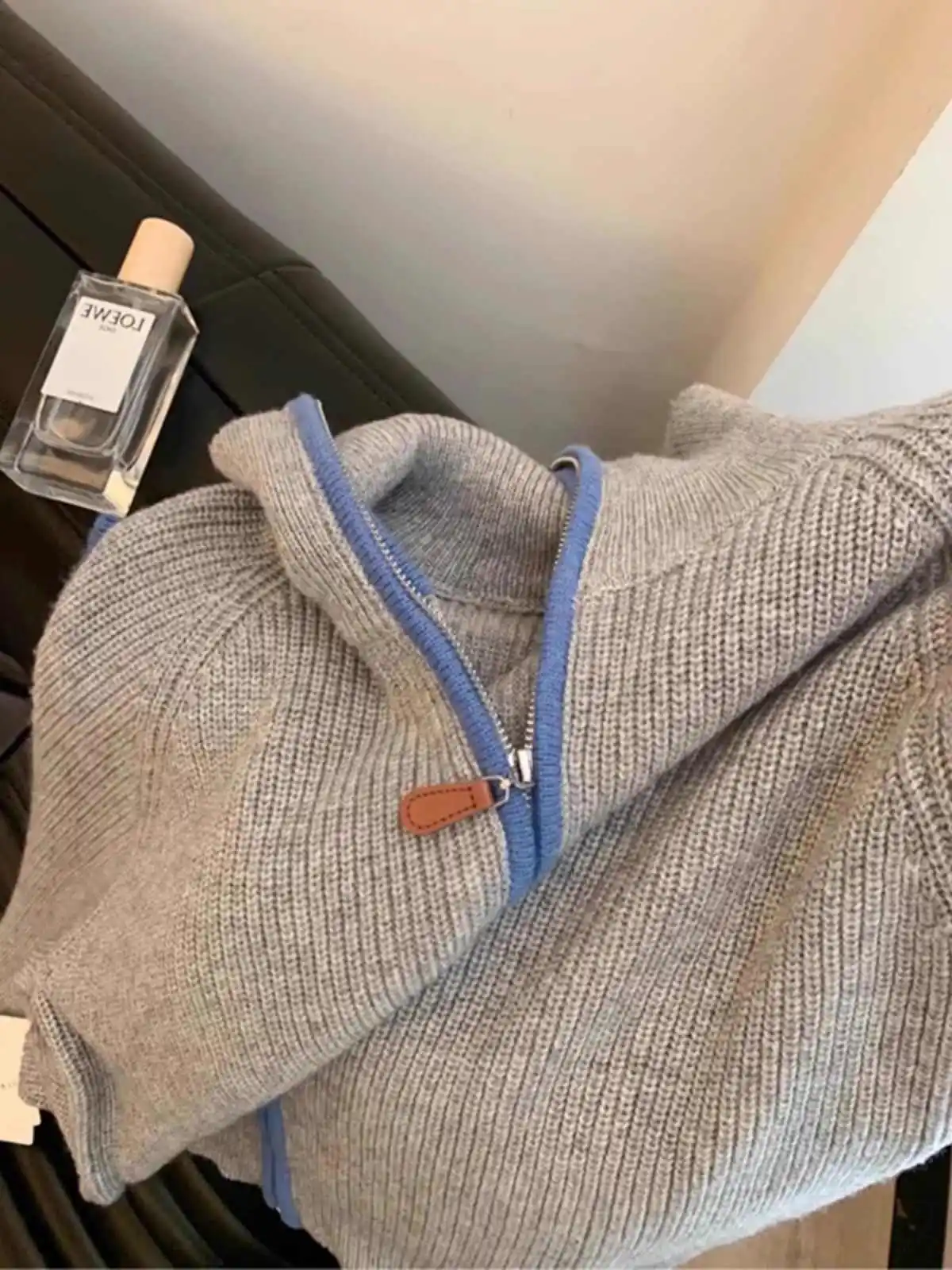 Grey Turndown Collar Zipper Sweater Jacket Women Spring Autumn 2024 Thick Loose Long Sleeved Color Block Knitted Cardigan Top