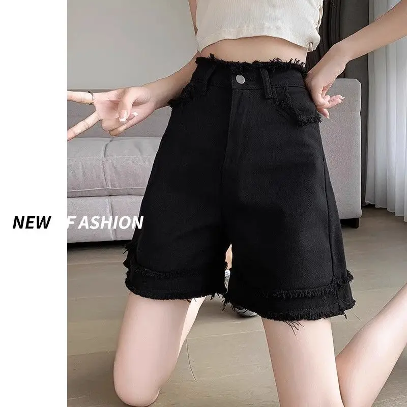 Black Denim Shorts for Women in Summer Thin A-line High Waist Loose and Slim Small Edges