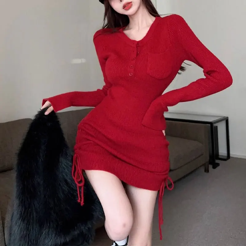 Hotsweet Waist Mini Dress Autumn Winter Elegant Bag Hip Women's Clothing Stylish Folds Drawstring Basic Aura Solid Color Dresses