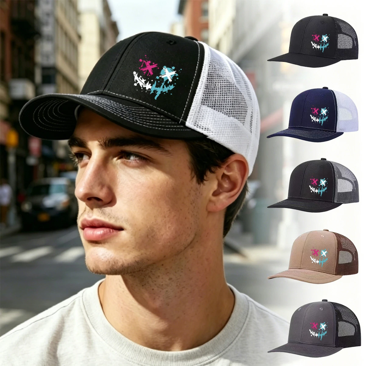 Richardson Micro Bent Baseball Hat Outdoor Graffiti Emo Print Mesh Duck Tongue Hat Sunshade Breathable Mesh Hat Truck Driver Hat
