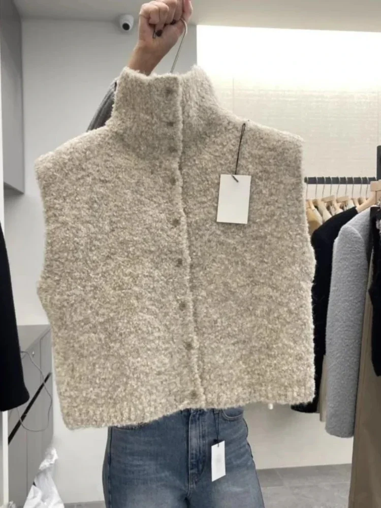 

Spring 2025 Women Knitted Open Cardigan Sweater High Collar Sleeveless Vest Design Sense Korean Casual Commute Fit Outerwear New