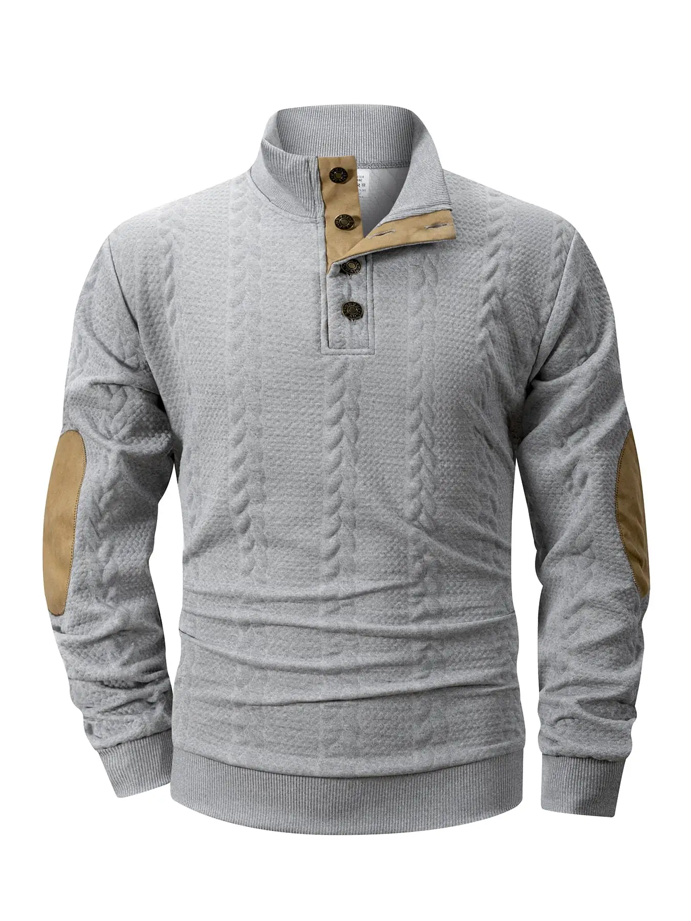 Men's Classic Cable Knit Sweatshirt Soft & Comfortable Stand Collar Pullover Button Placket Elbow Patches Daily Wear
