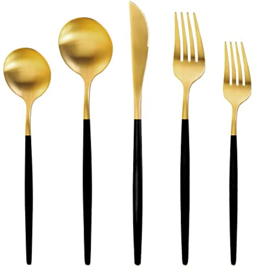 

Набор столовых приборов из матового золота и серебра на 8 персон с черными ручками, 40 предметов, из нержавеющей стали, в золотом и черном цвете, включает ложки и вилки.