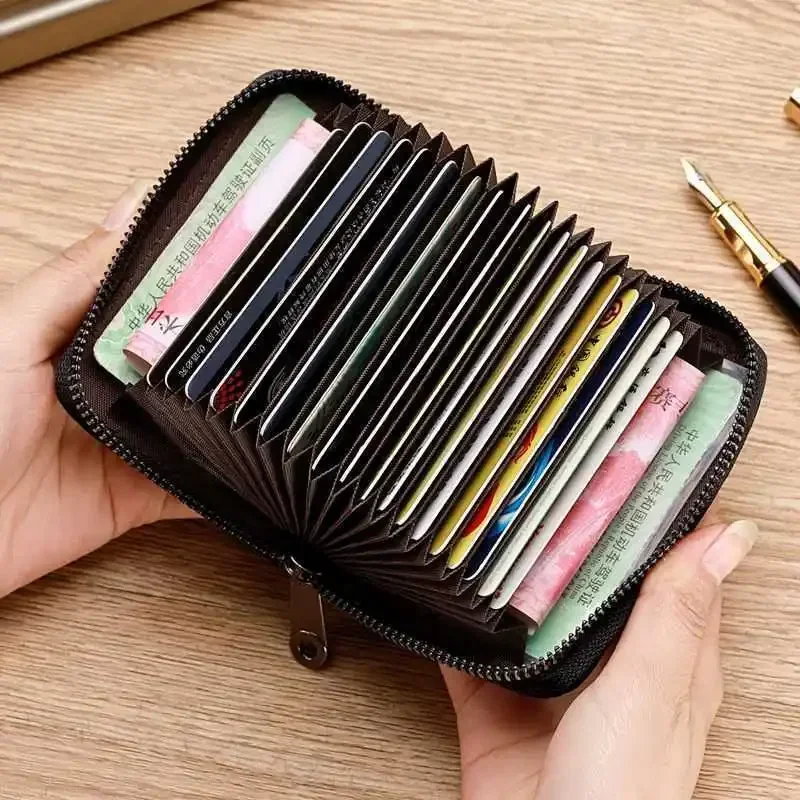 Multi Slot Card Holder Vintage Small Wallet Women Men Business Bank Credit Card Bag Male Coin Pouch Solid Leather Zipper Wallet