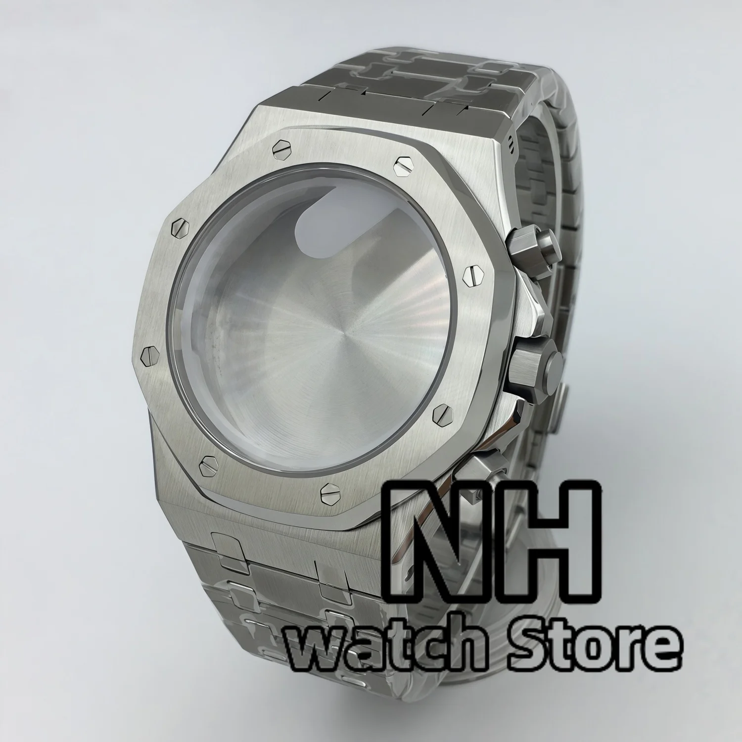 42mm Brushed Watch Case Bracelet and Dial pointer Set Octagon Bezel Sapphire Crystal Fits VK63 VK64 Chronograph Quartz Movement