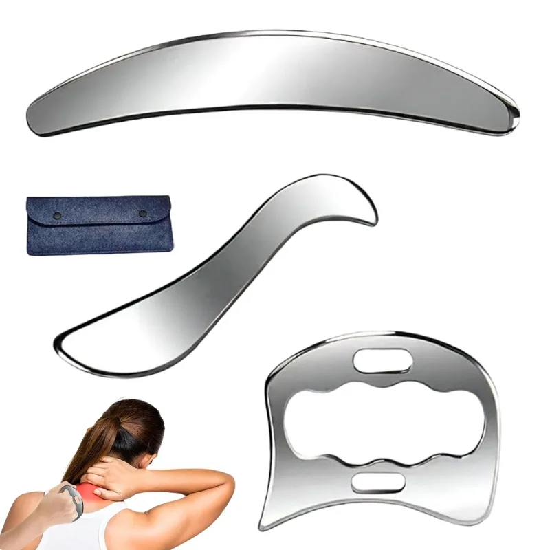 Ensemble de 3 outils de massage Gua Sha en acier inoxydable, planche à gratter aux bords lisses pour soulager les muscles, soin du corps et du visage, thérapie des tissus profonds, fournitures de massage pour spa à domicile