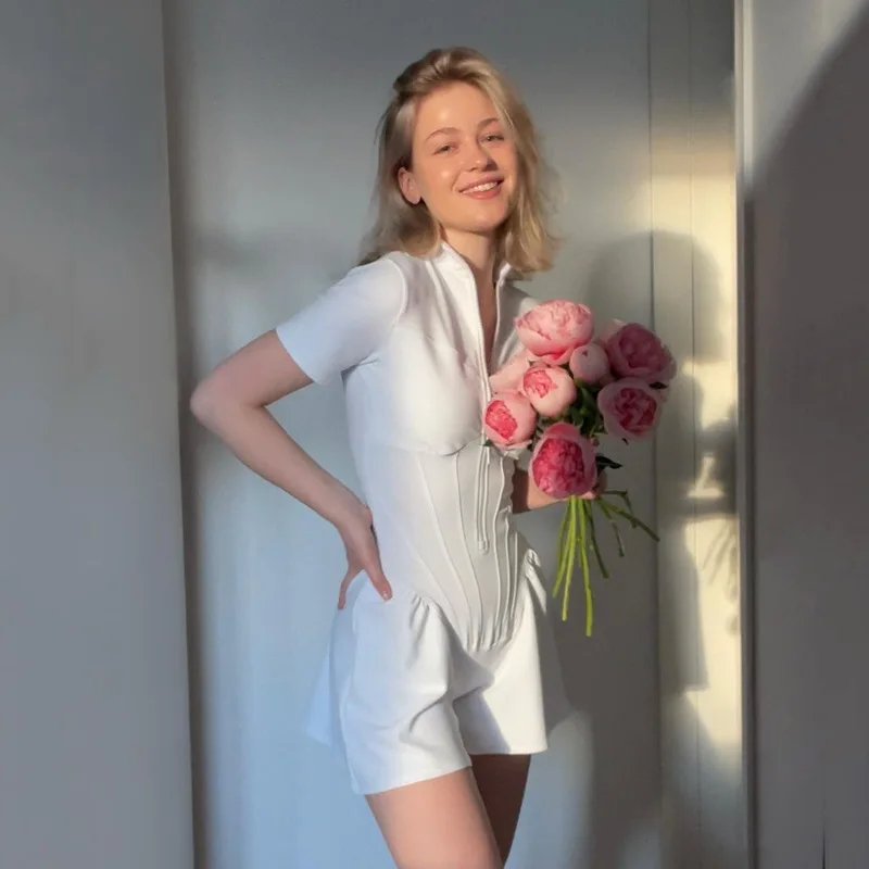 핫 세일 섹시 타이트 드레스 점프수트 가을 신상 여성 라운드 넥 반팔 지퍼 베이스 셔츠