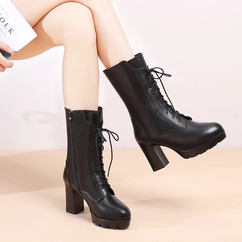 AIYUQI Women Winter Boots Genuine Leather 2024 New High Heel Mid Boots Women Natural Wool Warm Platform Women Boots