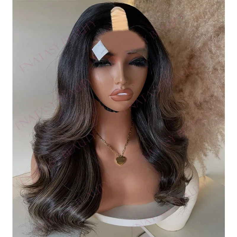 

Lowlight Ash Brown Body Wave 100% Indian Human Hair Cheap 1x4 U Part Wigs for Black Women Glueless Opening V Part Wigs Easy Wear