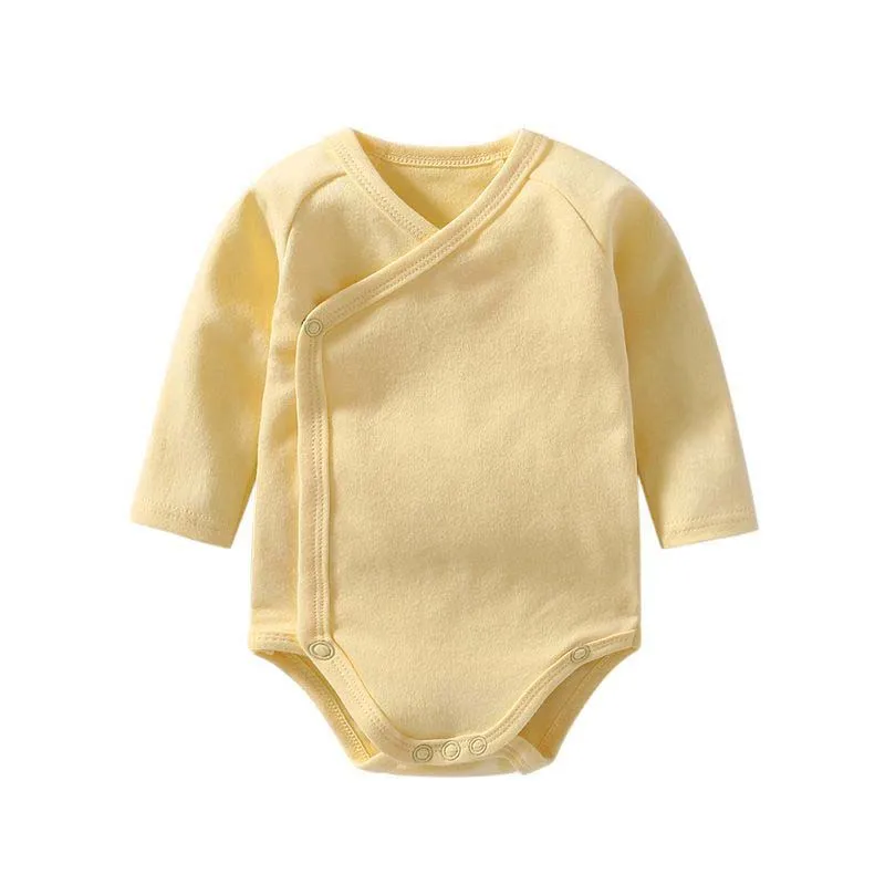 Newborn Baby Bodysuit 0 To 3 Months 100% Cotton Slanting Open Button Solid Color Long Sleeve Jumpsuits Baby Boy Girl Clothes