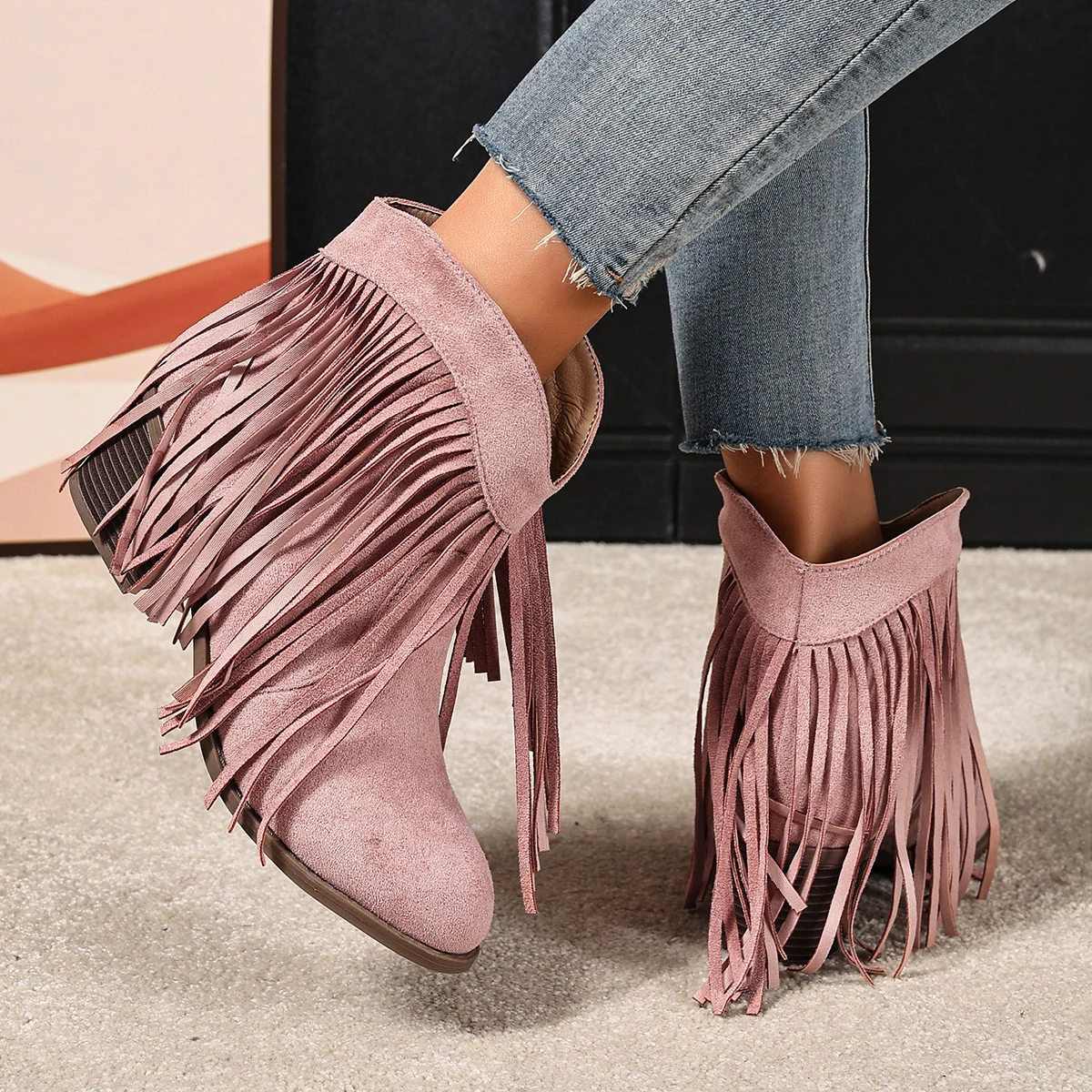 Fringe-Trimmed Pointed-Toe Chunky Heel Elevated Elegant Fashionable Evening Party Resort Women's Nude Boots view 2