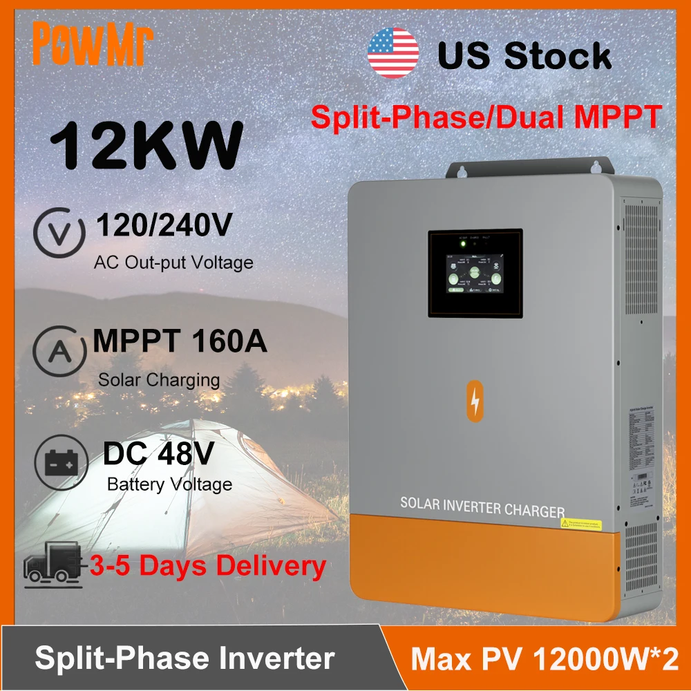 PowMr 12KW 48V Split-Phase Solar Inversor 120V 240V With 160A MPPT Solar Controller Pure Sine Wave Off-Grid Home Back Up Power Fit LifePO4 Can Work Without Battery