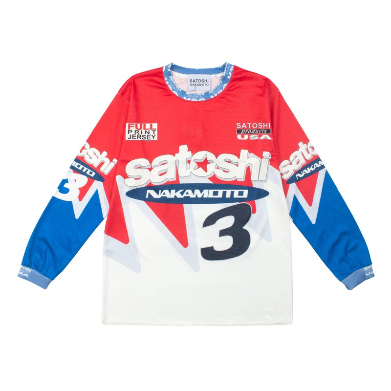 2026 New Style Men's Satoshi Nakamoto T-Shirts High Street Trend Motorcycle Elements Print Hip Hop Long Sleeve Tees