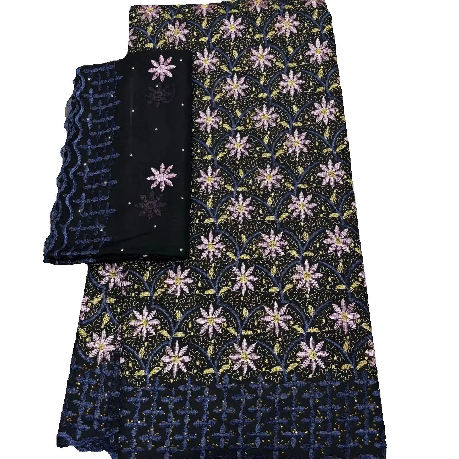 

High Quality Cotton Lace Fabric with Stones Swiss Voile Tulle Scarf African Women's Dress 5+2 Yards