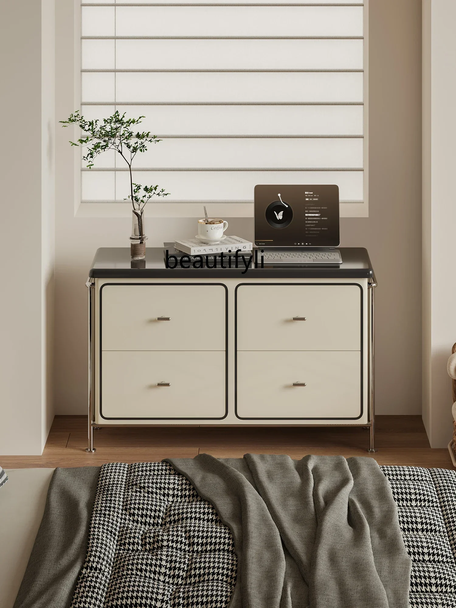 

35Modern simple black and white advanced color matching chest, household sofa side cabinet, bedroom light luxury storage locker