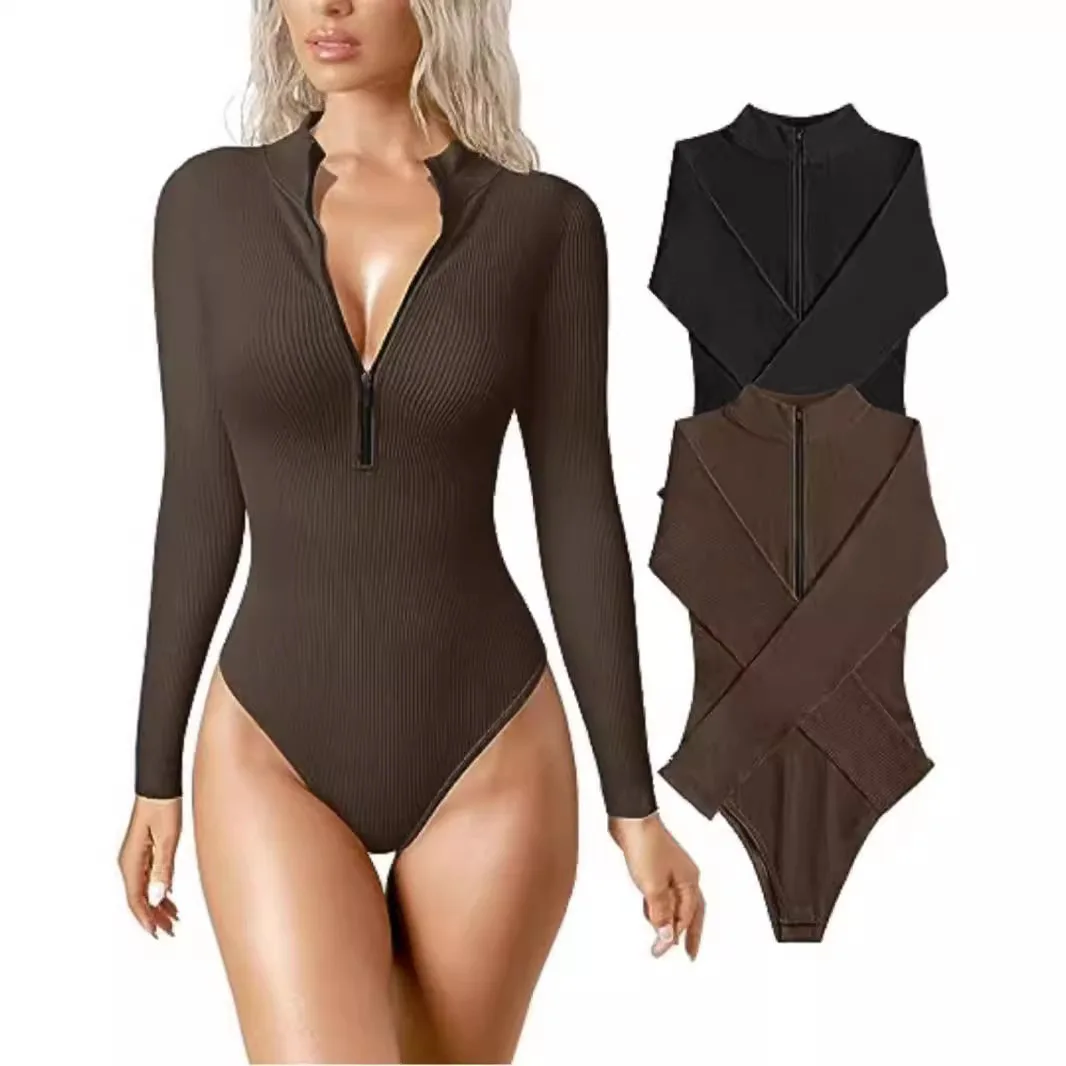 Sexy Long Sleeve Jumpsuit with Ribbed Front Zipper for Women Slim Fit Long Sleeve Jumpsuit  Slim Yogo Dress