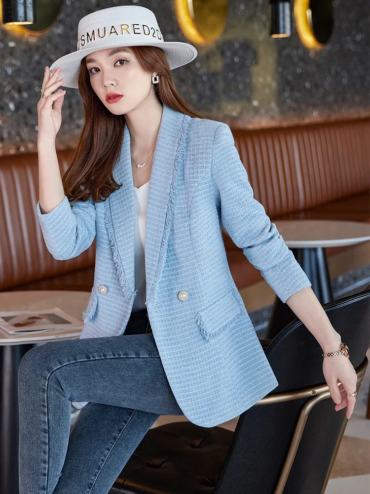 Autumn Winter Outwear Casual Blazer Women Ladies Jacket Pink White Blue Female Slim Long Sleeve Single Breasted Coat REF-2987