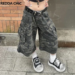 REDDACHiC kargo cepler kamuflaj Baggy Jorts kadınlar pileli Pintuck gevşek rahat yüksek Rise Denim şort Harajuku Retro giysi