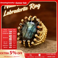 Luxury Vintage Gemstone Ring 18K Gold-Plated Women's Ring Natural Crystal Labradorite Rings daily Wear Jewelry Gift Jewels