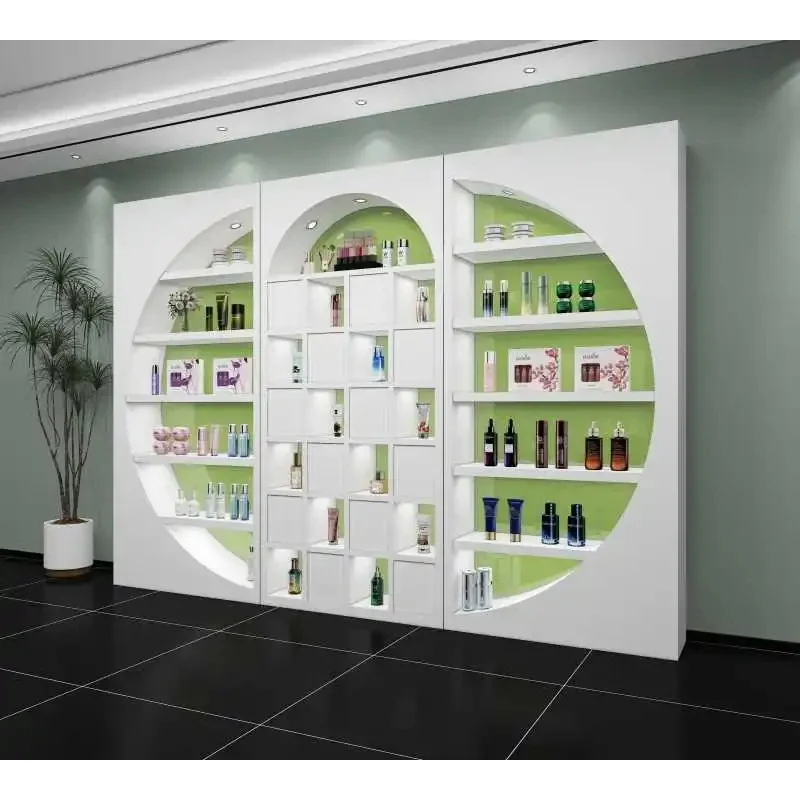 custom.Multi-Tiered LED Cosmetic Display Stand Solid Back Heavy Duty Varnished Ladder Shelf Customizable Dimensions