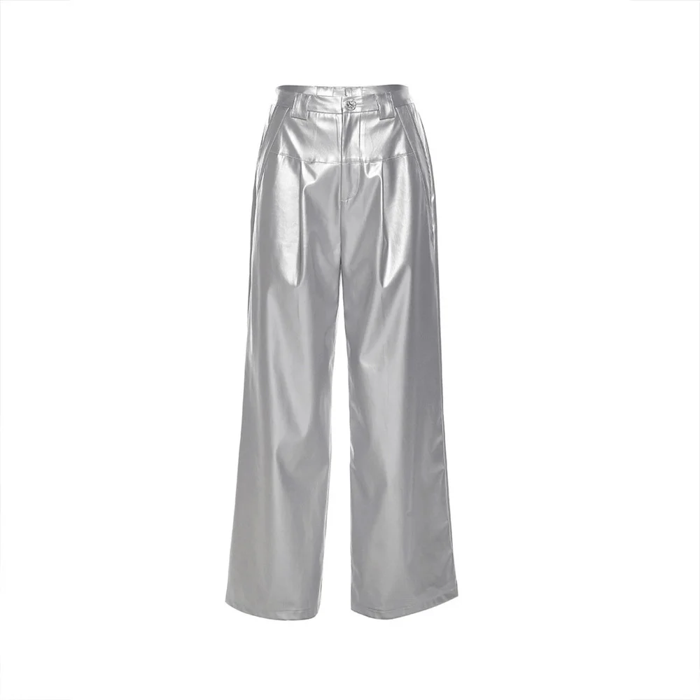 Summer New Women's Silver Solid Color Loose Street Fashion High Waist Casual Straight Leg Wide Leg Pants