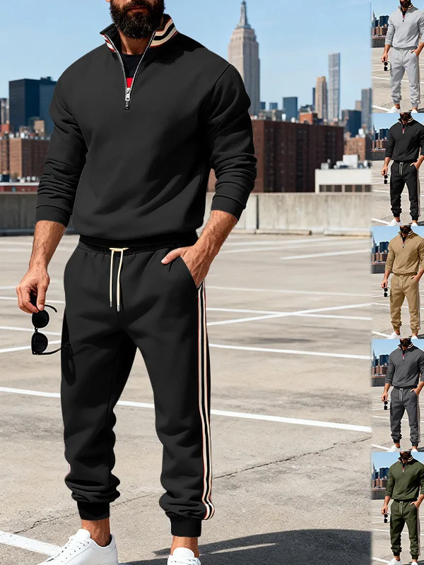 

Casual Sportswear Set with Sweatpants Trendy Stand Collar Hoodie Polyester Long Sve Long Pants for plus Size Men