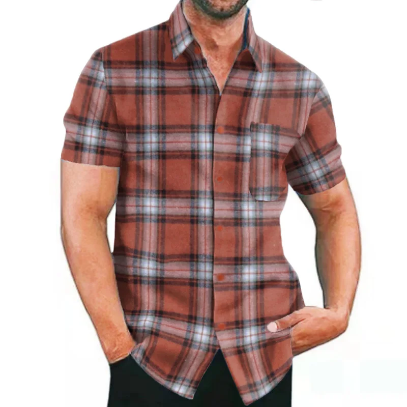 Camisa xadrez de manga curta masculina, top de botão single breasted, novo