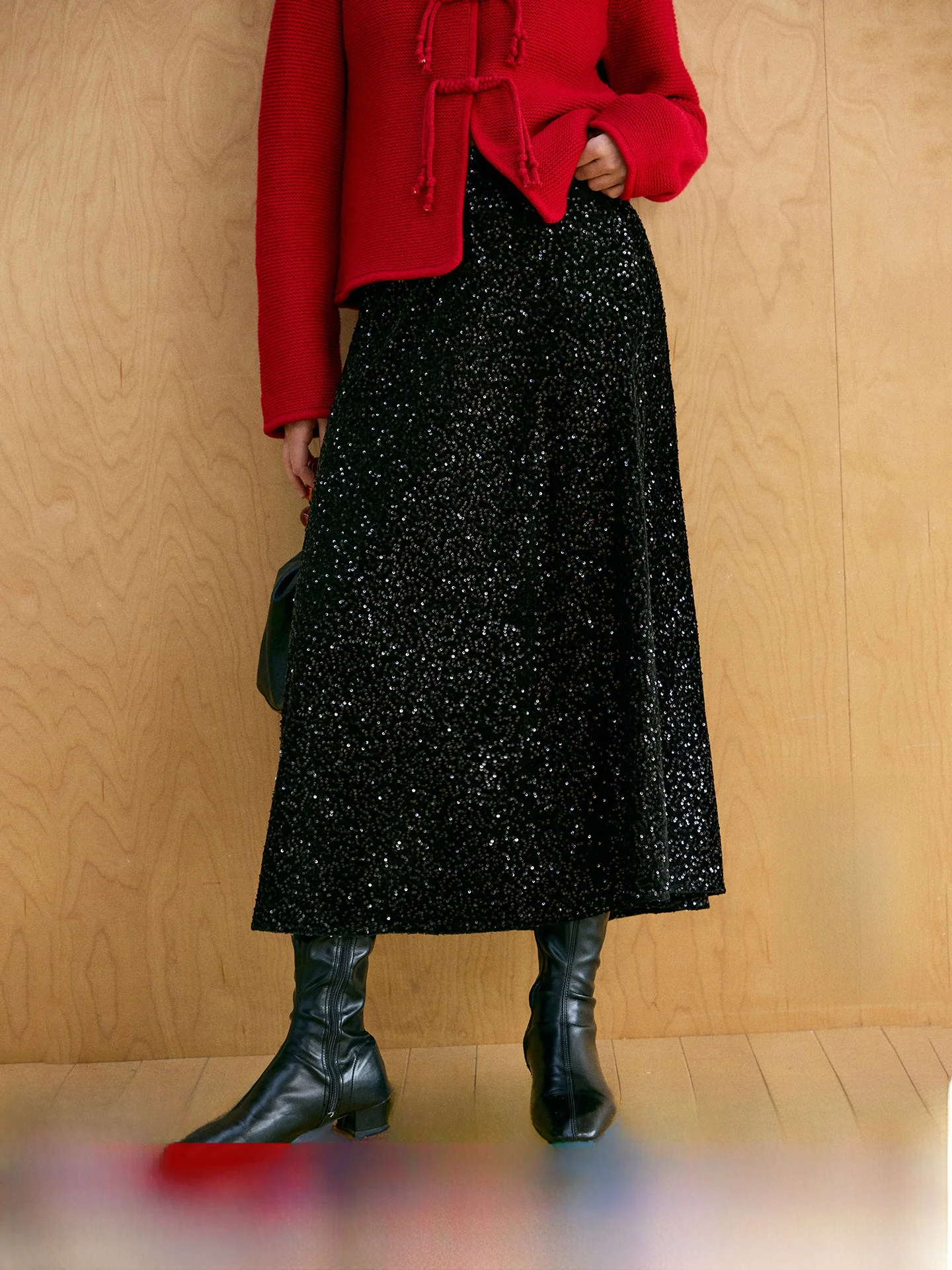 

HeyDr Velvet Sequin Skirt Women's Winter Vintage High Waist A-Line Slimming Skirts French Sle Comfortable Polyester