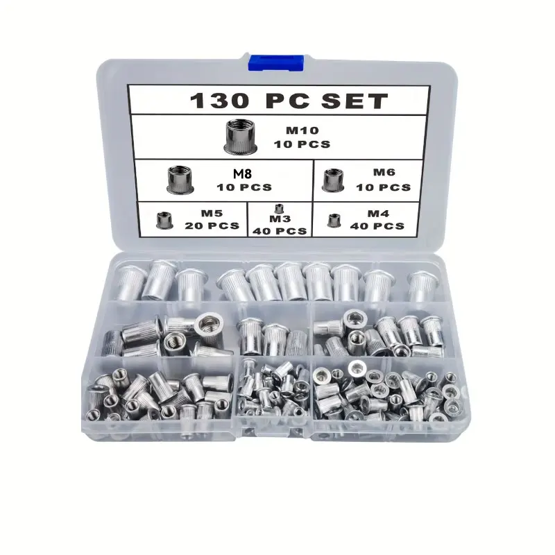 130pcs Rivet Nut Tool Kit Metric Combination Set Aluminum Knurled Flat Head Thread Insert Nut Set for DIY Projects