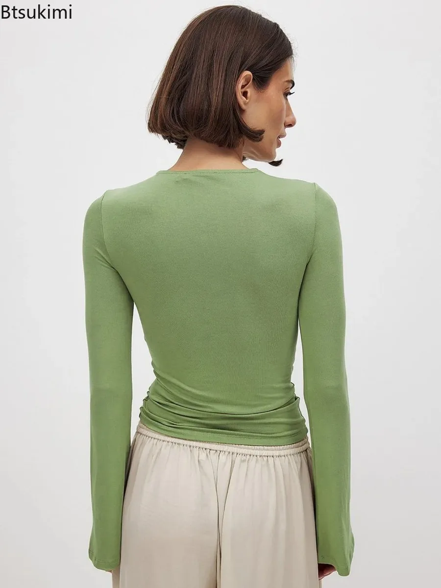 Women's Twist Cutout Front Crop Tops Slim Long Sleeve T-Shirt Fashion Streetwear Female Clothing Elegant Shirts Clubwear Blouses