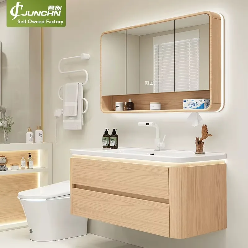 Modern Floating Bathroom Cabinet Curved Lacquered Body Integrated Ceramic Basin LED Light Round Edge Mirror Bathroom Vanity