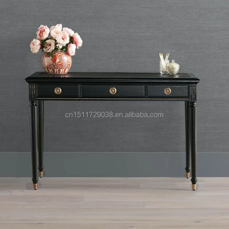 Luxury black writing desk with 3 drawers, gold brass hardware, classic family desk, traditional study table