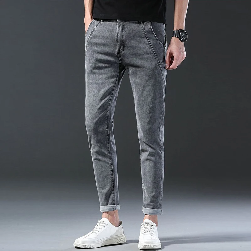 2026 Men Classic Stretch Narrow Leg Jeans Male Fashion Gray Casual Denim Trousers Daily Versatile Straight Leg Pants