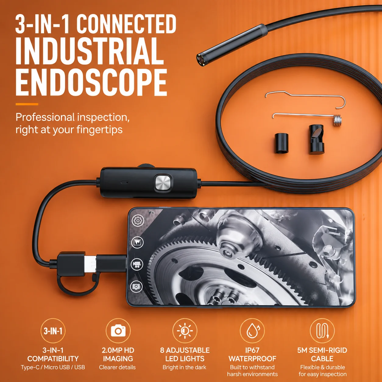 Tethering Cable Usb - Caméra endoscopique industrielle 3-en-1 2MP HD