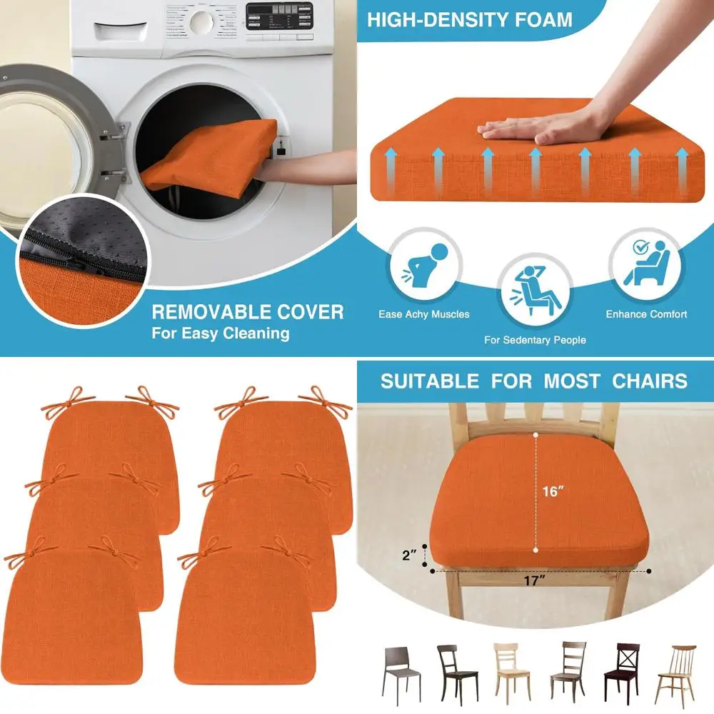 

Набор из 6 нескользящих подушек для кухонных стульев, 17 x 16 x 2, завязанные D-образные подушки для сидений для обеденных стульев, оранжевый