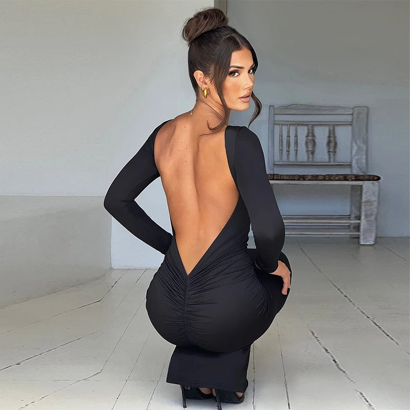 فستان مثير للفتيات الأوروبية والأمريكية لون نقي بقصة ضيقة وأكمام طويلة بدون ظهر لربيع 2025 وصل حديثًا ثوب مسائي أنيق