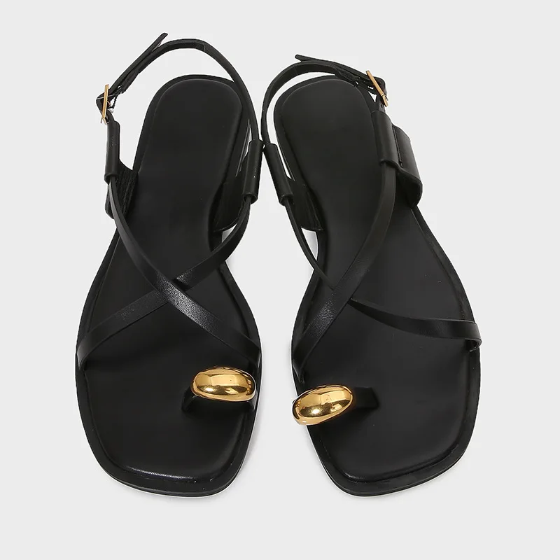 MLZA Spring New Women's Shoes Metal Decorations Fine grained Strip Fashion Flat Sandals Set Toe Square Head Beach Shoes image 2