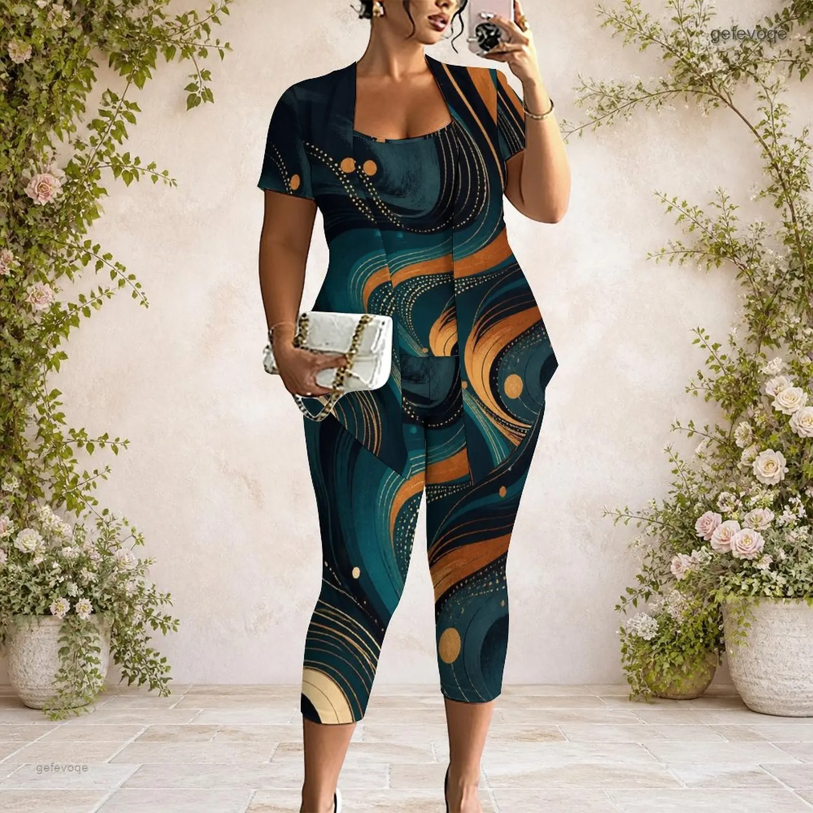 Printed Pants Set for Women Short Sleeve Open Front Cardigan Tank Top Capri Pants Three Piece